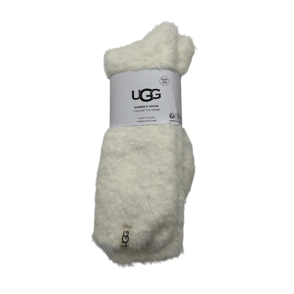 UGG Socks Womens One Size Cream Fuzzy Crew Socks 1133030 Recycled Polyester Soft